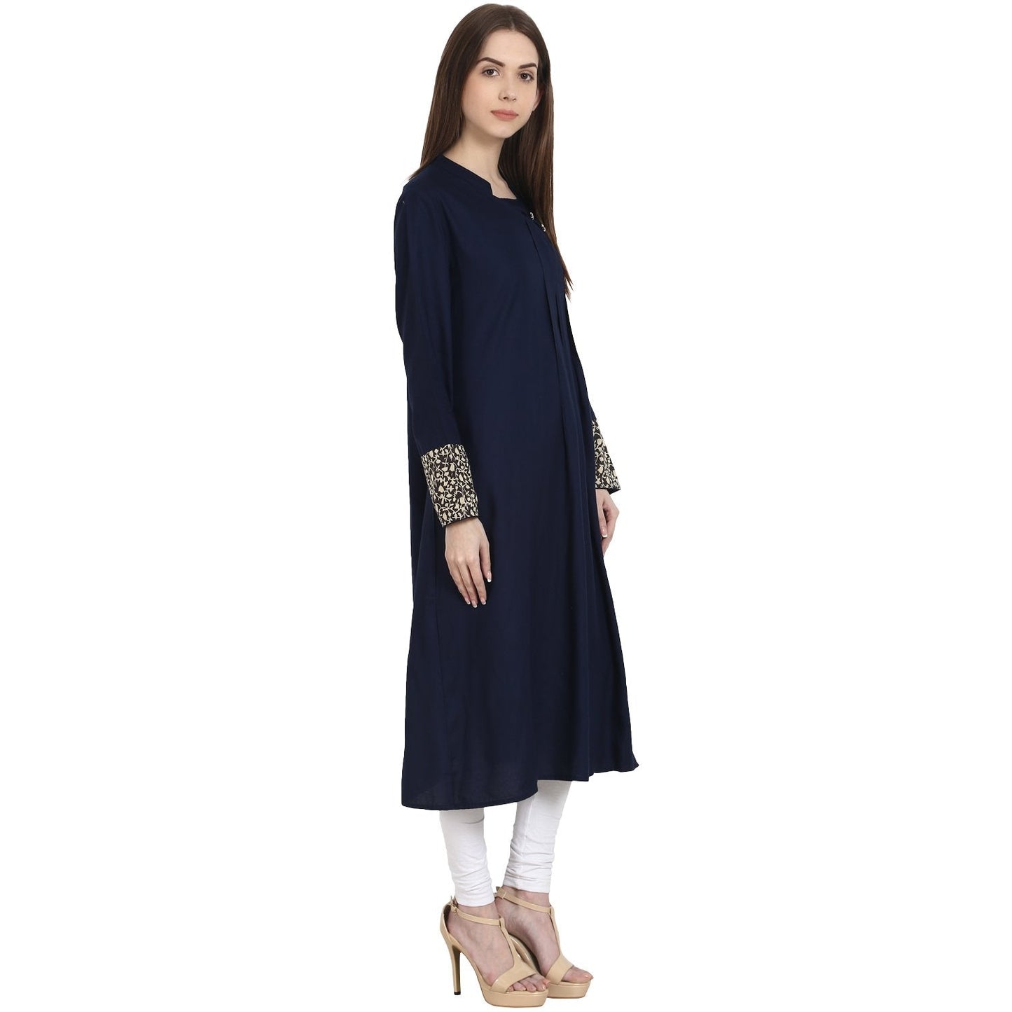 Women's Blue Full Sleeve Cotton A-Line Kurta