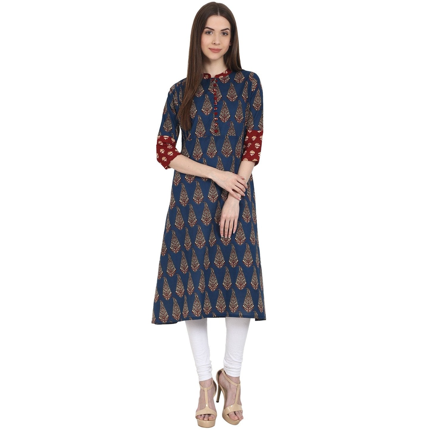 Women's Blue Printed 3/4 Sleeve Cotton A-Line Kurta