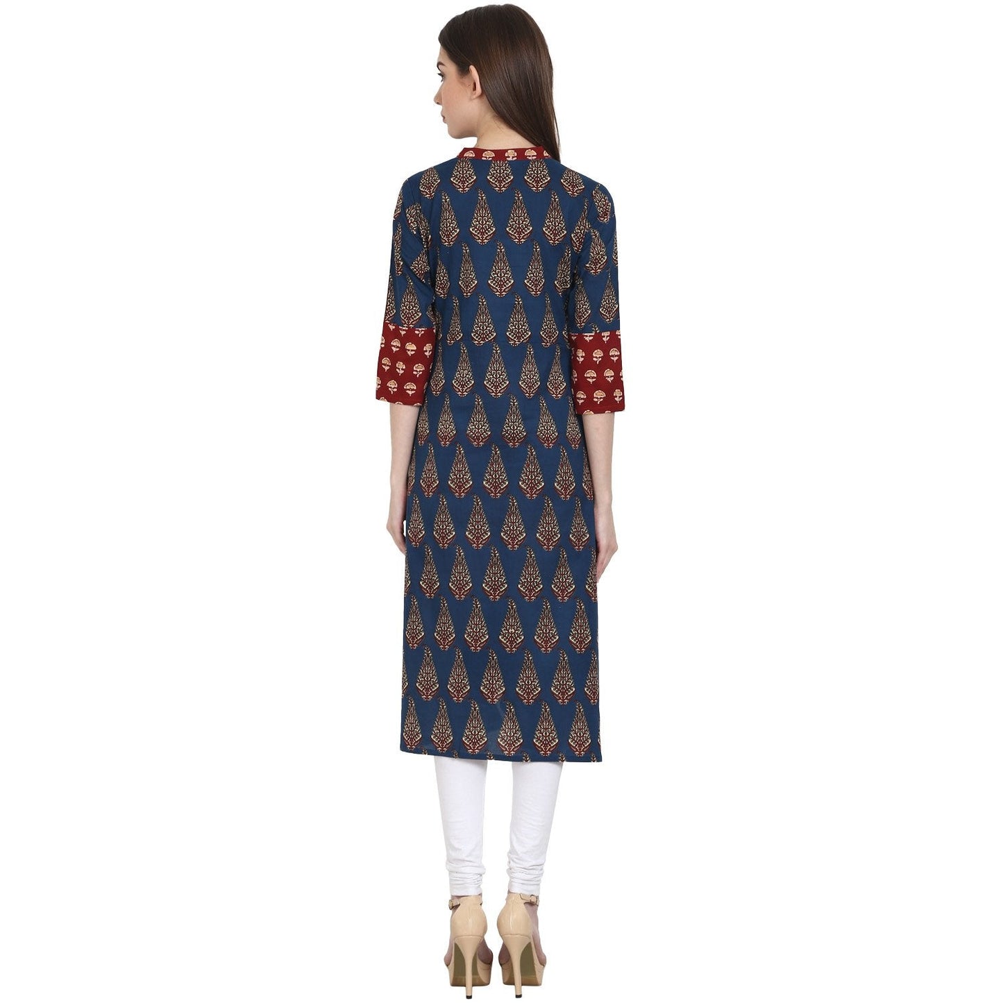 Women's Blue Printed 3/4 Sleeve Cotton A-Line Kurta