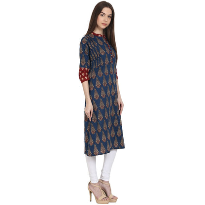 Women's Blue Printed 3/4 Sleeve Cotton A-Line Kurta