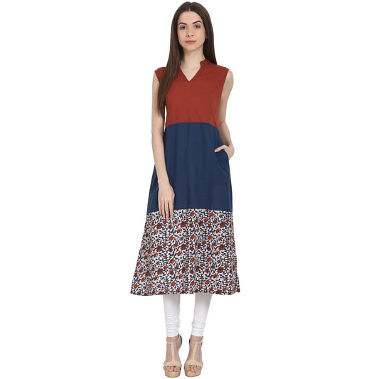 Women's Multi Printed Sleevless Cotton A-Line Kurta