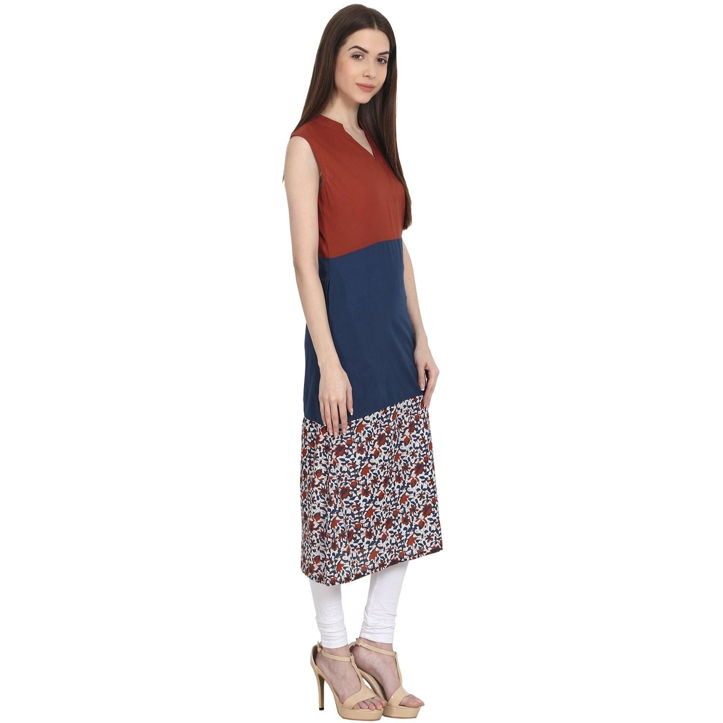 Women's Multi Printed Sleevless Cotton A-Line Kurta