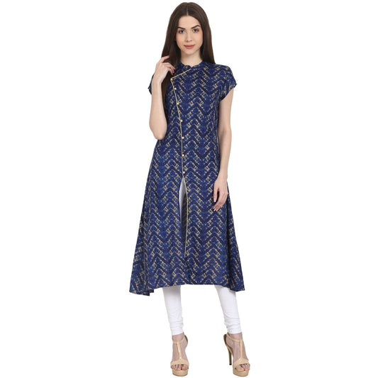 Women's Blue Printed Cap Sleeve Rayon Front Open Kurta