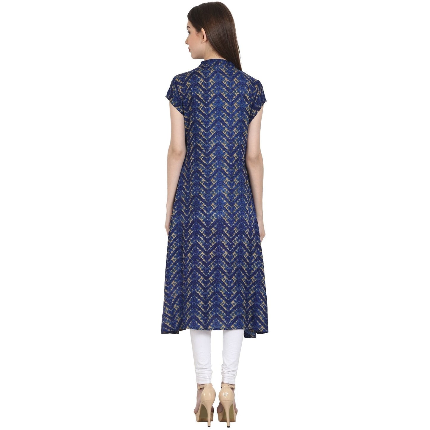Women's Blue Printed Cap Sleeve Rayon Front Open Kurta