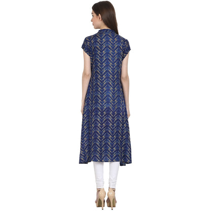 Women's Blue Printed Cap Sleeve Rayon Front Open Kurta