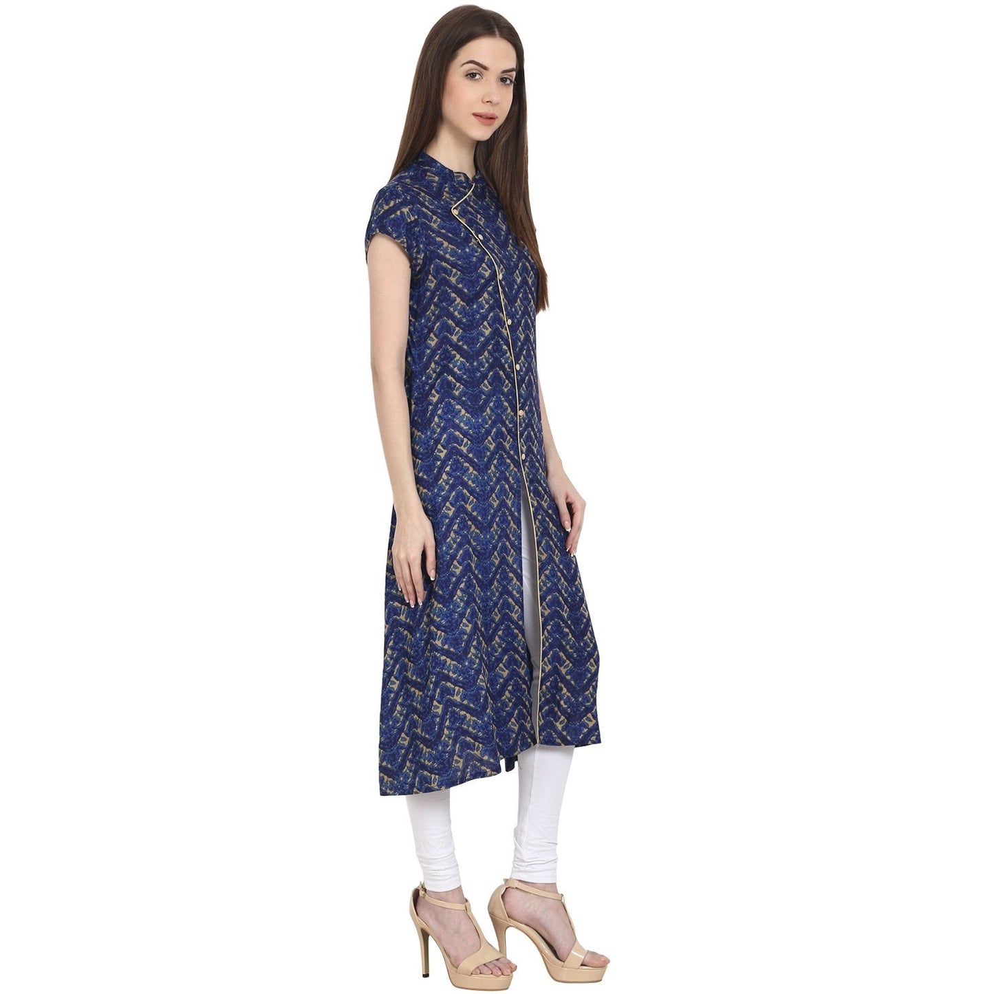 Women's Blue Printed Cap Sleeve Rayon Front Open Kurta