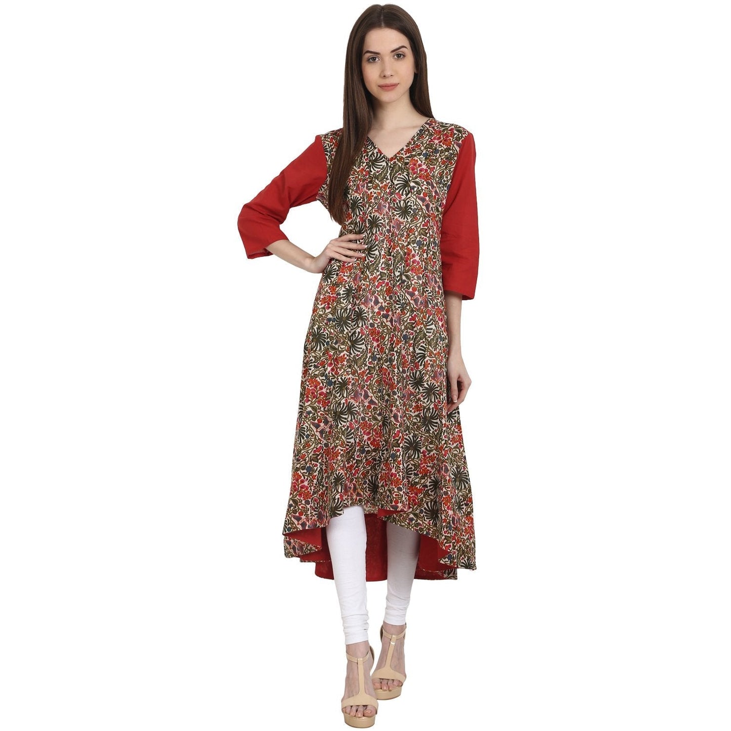 Women's Multi Printed 3/4 Sleeve Cotton Low High Kurta