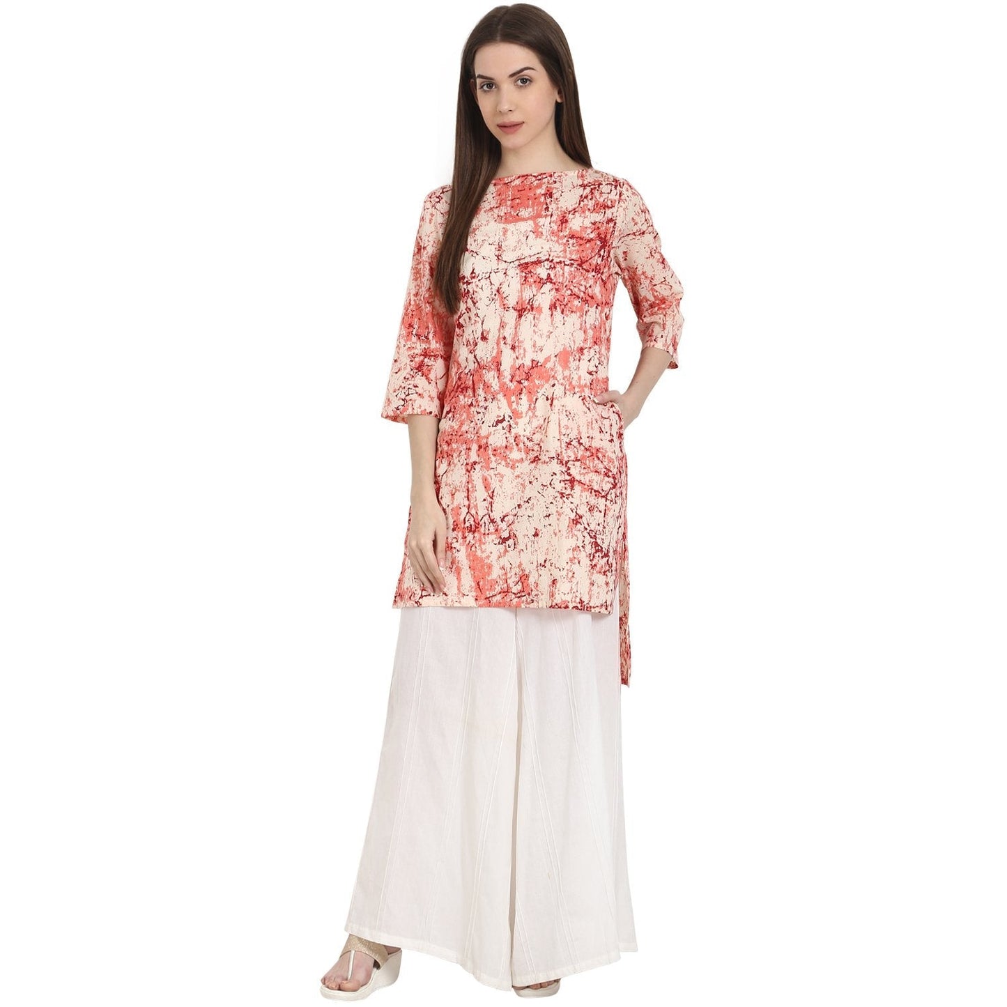 Women's Peach Printed 3/4 Sleeve Low High  Cotton Kurta