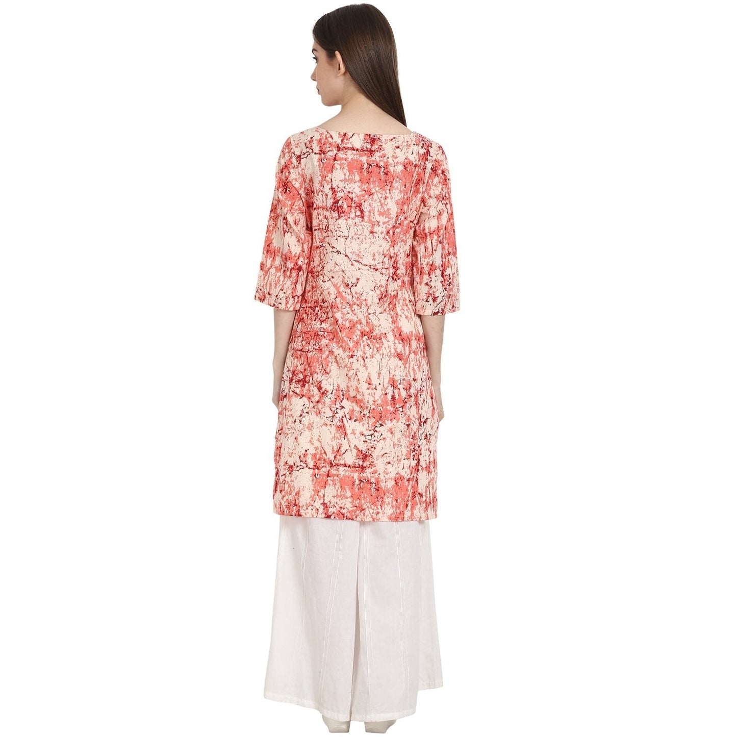 Women's Peach Printed 3/4 Sleeve Low High  Cotton Kurta