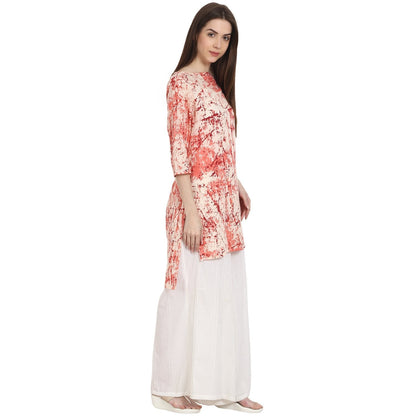 Women's Peach Printed 3/4 Sleeve Low High  Cotton Kurta