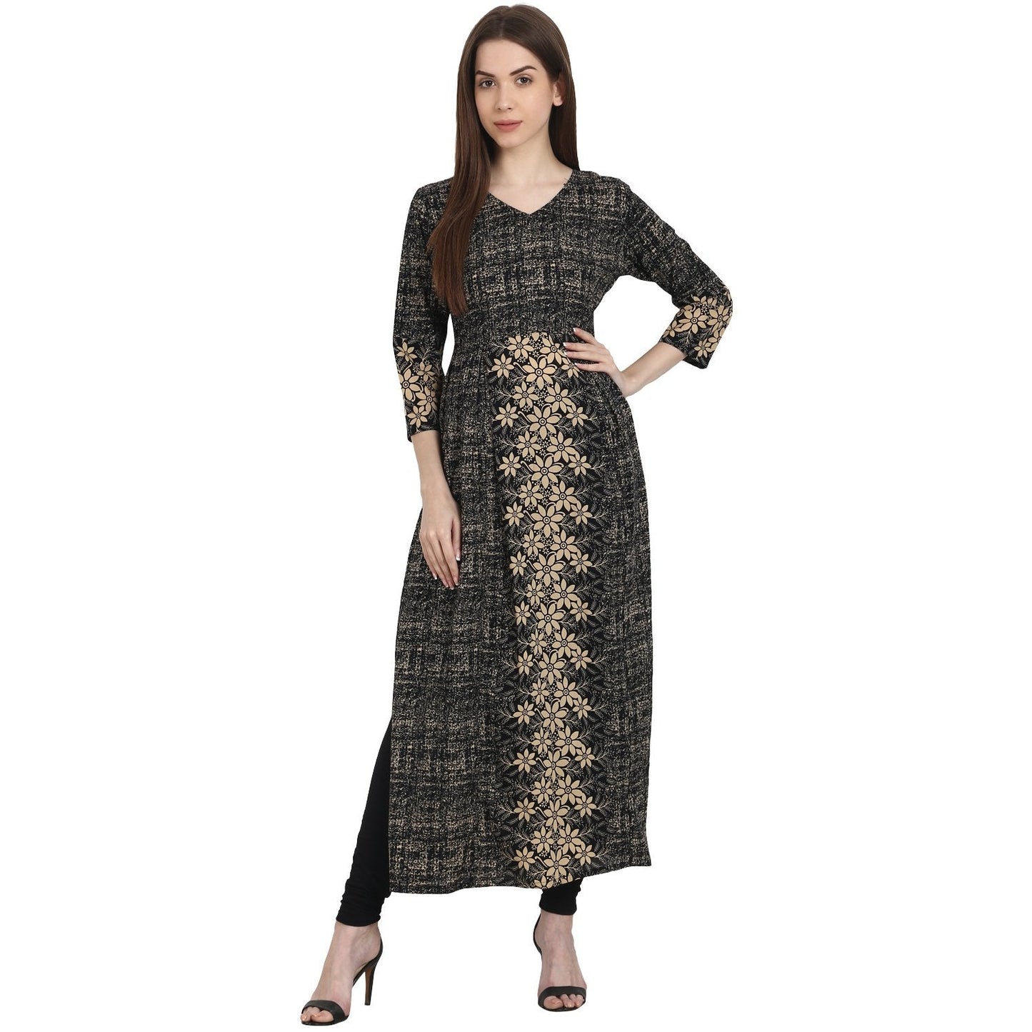 Women's Dark Grey Printed 3/4 Sleeve Cotton Kurta