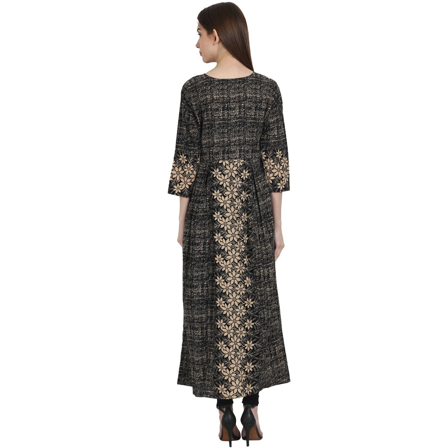 Women's Dark Grey Printed 3/4 Sleeve Cotton Kurta