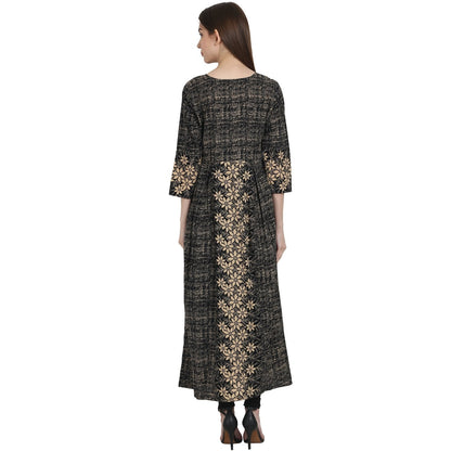 Women's Dark Grey Printed 3/4 Sleeve Cotton Kurta