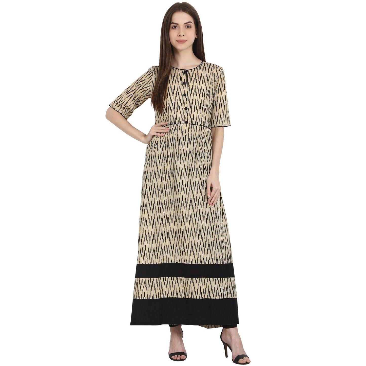 Women's Beige Printed Half Sleeve Cotton Long Kurta
