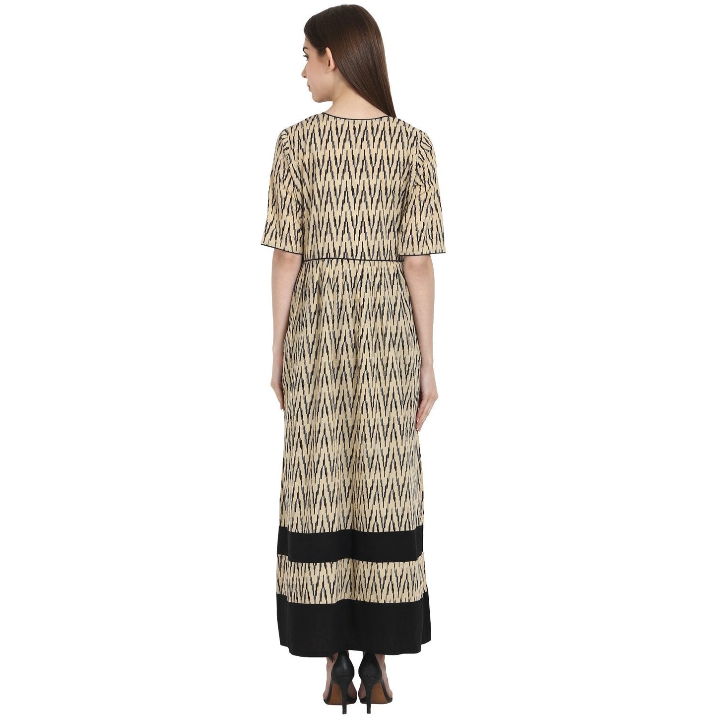 Women's Beige Printed Half Sleeve Cotton Long Kurta