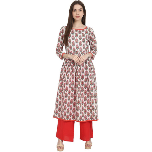 Women's White & Red Printed 3/4 Sleeve Cotton A-Line Kurta