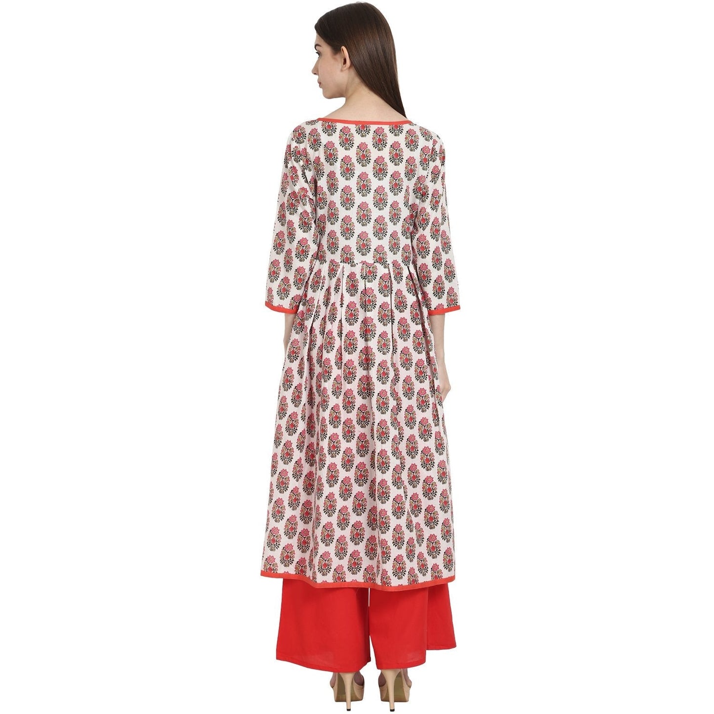 Women's White & Red Printed 3/4 Sleeve Cotton A-Line Kurta
