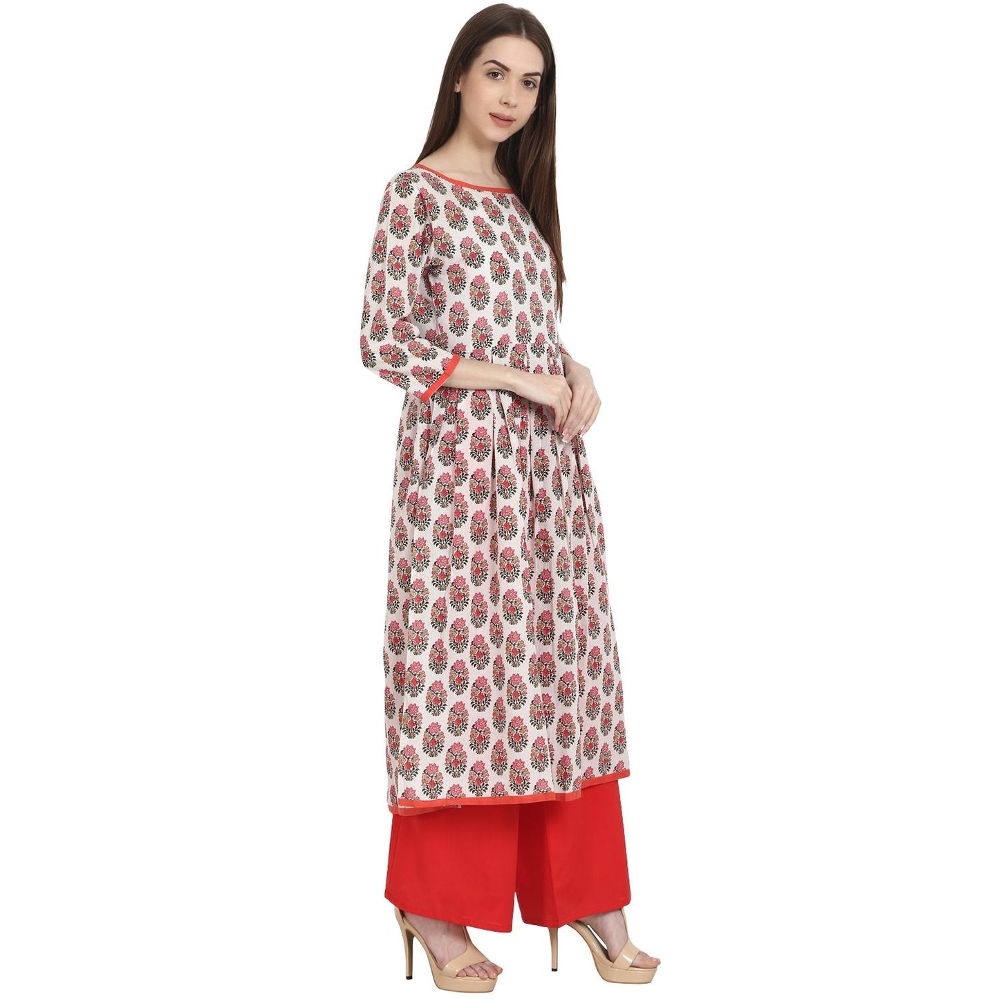 Women's White & Red Printed 3/4 Sleeve Cotton A-Line Kurta