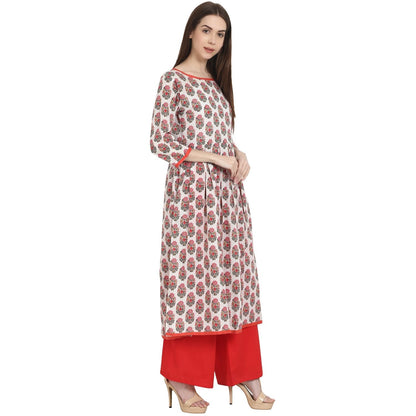 Women's White & Red Printed 3/4 Sleeve Cotton A-Line Kurta