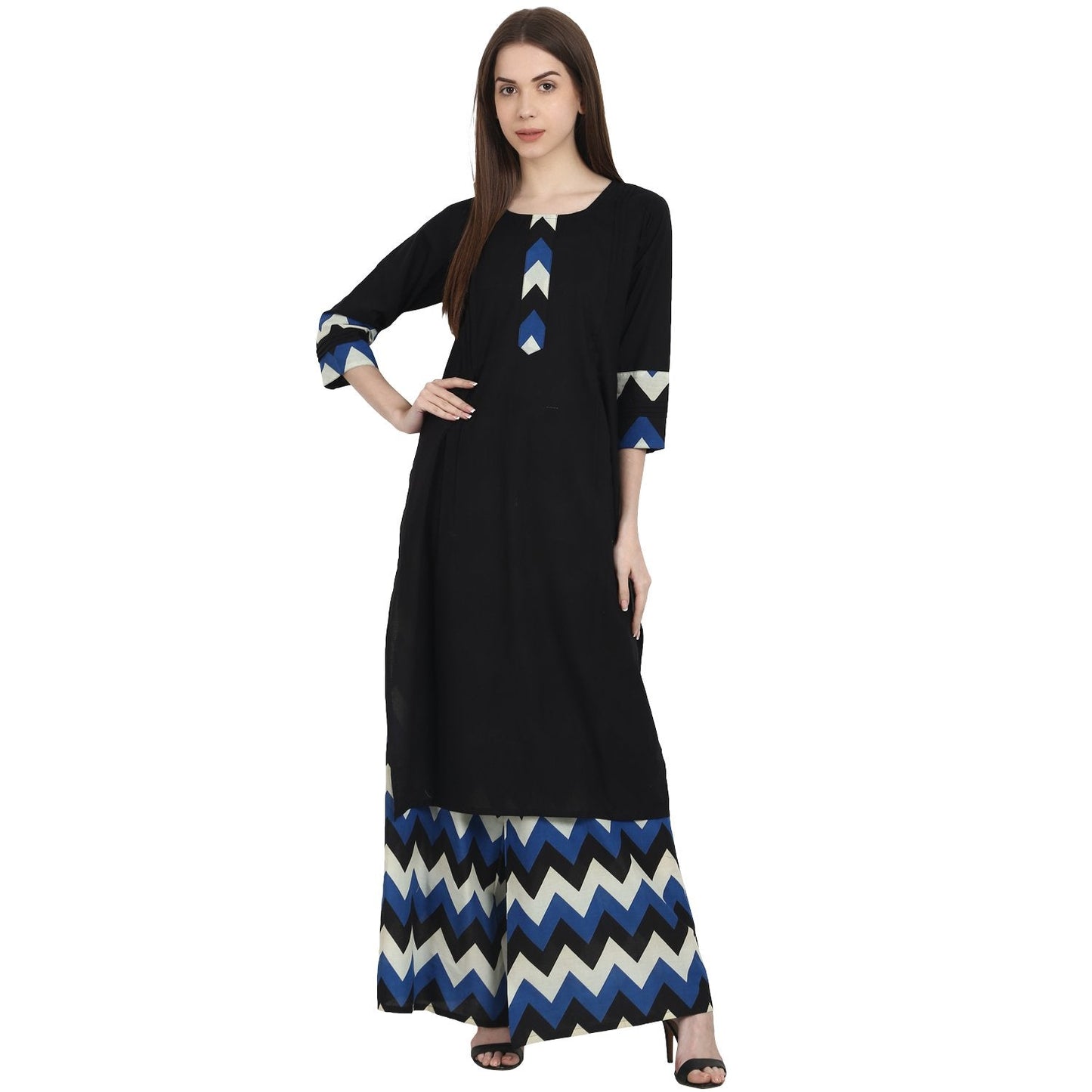 Women's Black 3/4 Sleeve Kurta With Blue Printed Ankle Length Plazzo