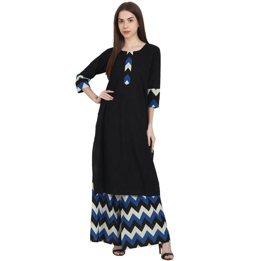 Women's Black 3/4 Sleeve Kurta With Blue Printed Ankle Length Plazzo