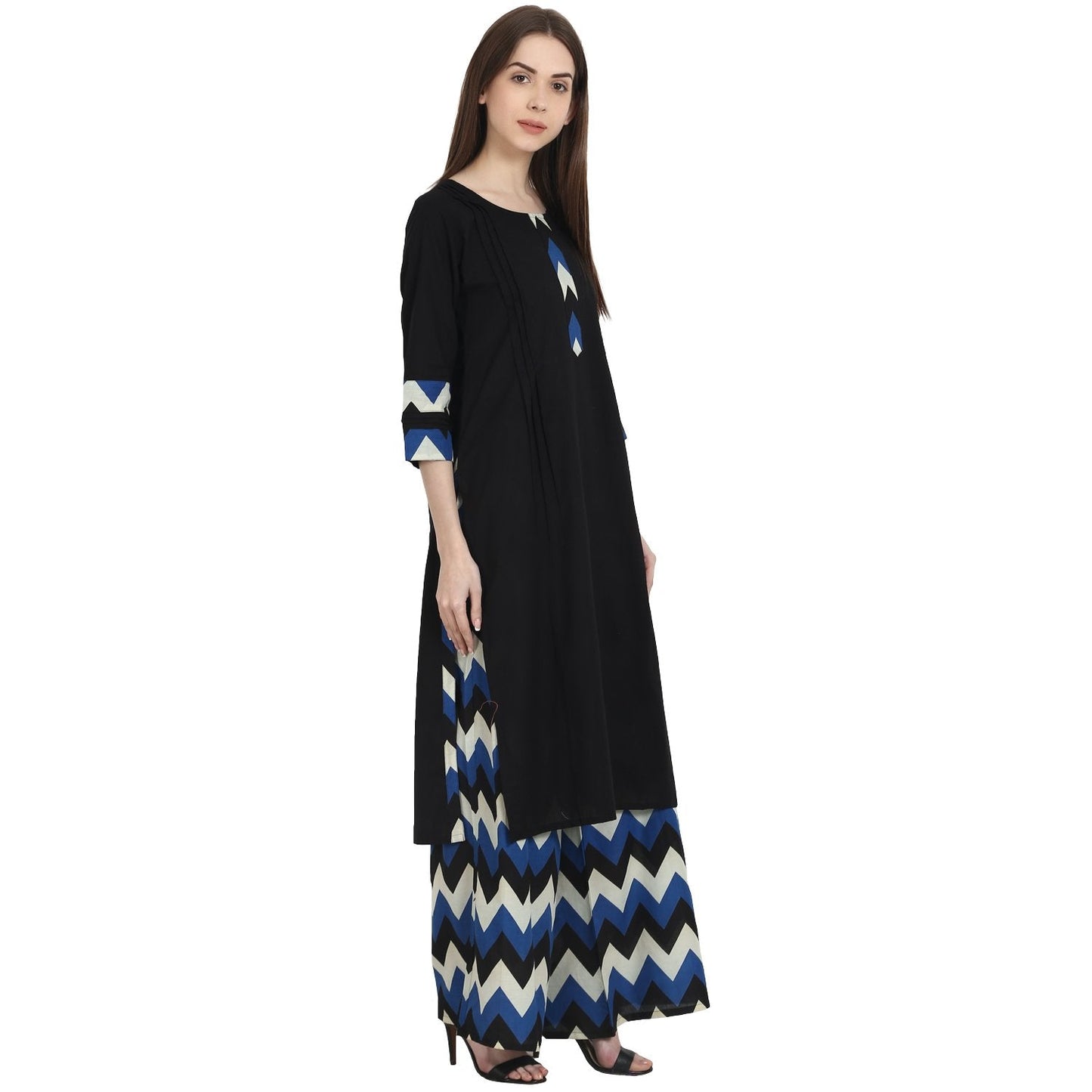 Women's Black 3/4 Sleeve Kurta With Blue Printed Ankle Length Plazzo
