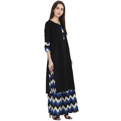 Women's Black 3/4 Sleeve Kurta With Blue Printed Ankle Length Plazzo