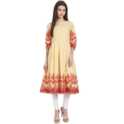 Women's Peack Printed 3/4 Sleeve Cotton Anarkali Kurta