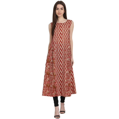 Women's Red Printed Sleevless Cotton A-Line Kurta