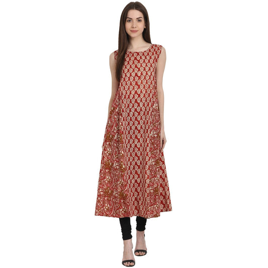 Women's Red Printed Sleevless Cotton A-Line Kurta