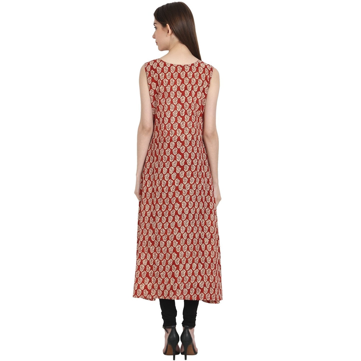 Women's Red Printed Sleevless Cotton A-Line Kurta