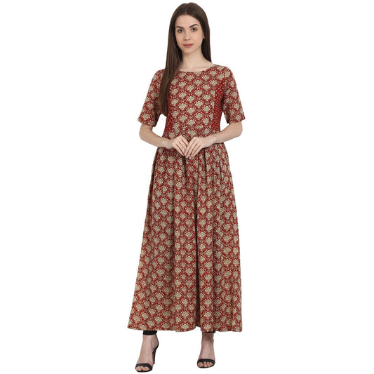 Women's Red Printed Half Sleeve Cotton Anarkali Kurta
