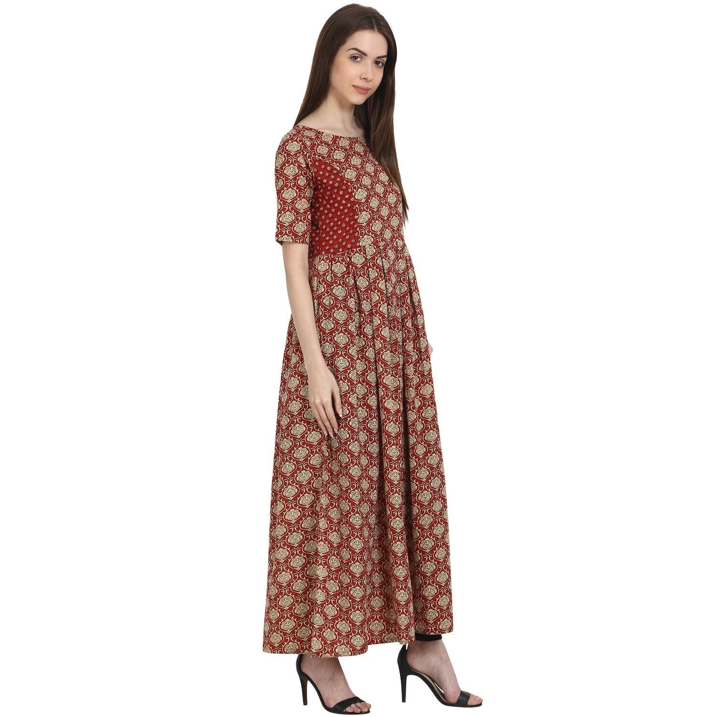 Women's Red Printed Half Sleeve Cotton Anarkali Kurta