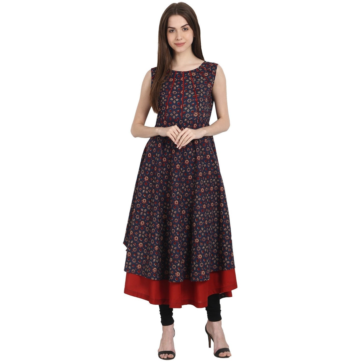 Women's Multi Printed Sleevless Cotton Anarkali Kurta With Red Inner