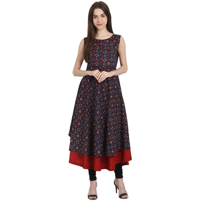 Women's Multi Printed Sleevless Cotton Anarkali Kurta With Red Inner