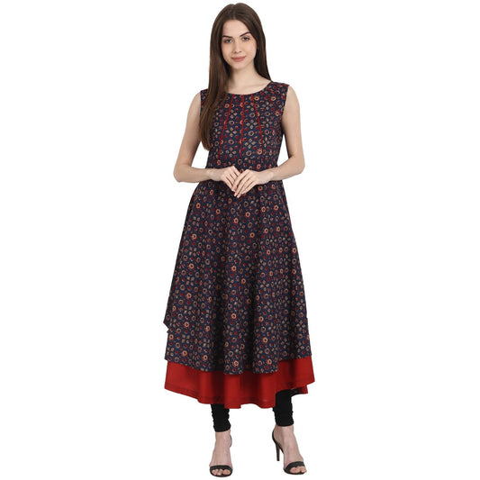 Women's Multi Printed Sleevless Cotton Anarkali Kurta With Red Inner