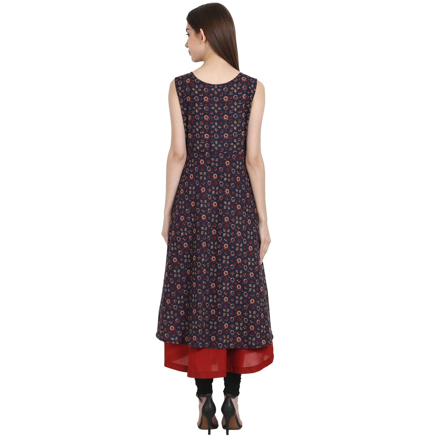 Women's Multi Printed Sleevless Cotton Anarkali Kurta With Red Inner