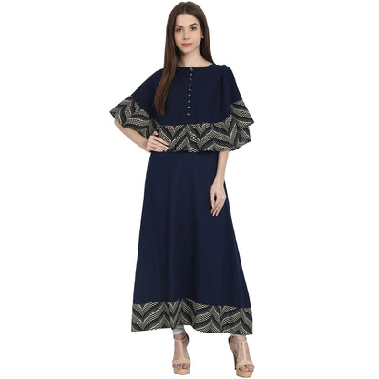 Women's Navy Blue Cotton Slub A-Line Floor Length Kurta