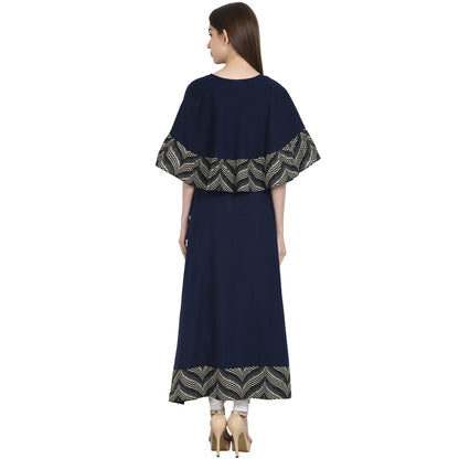 Women's Navy Blue Cotton Slub A-Line Floor Length Kurta
