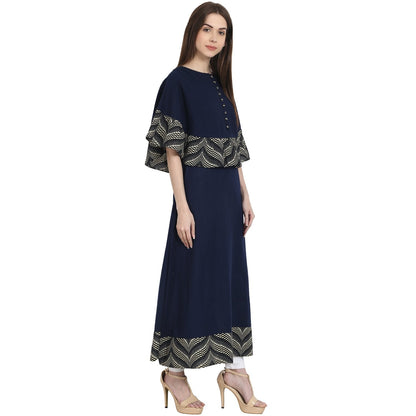 Women's Navy Blue Cotton Slub A-Line Floor Length Kurta