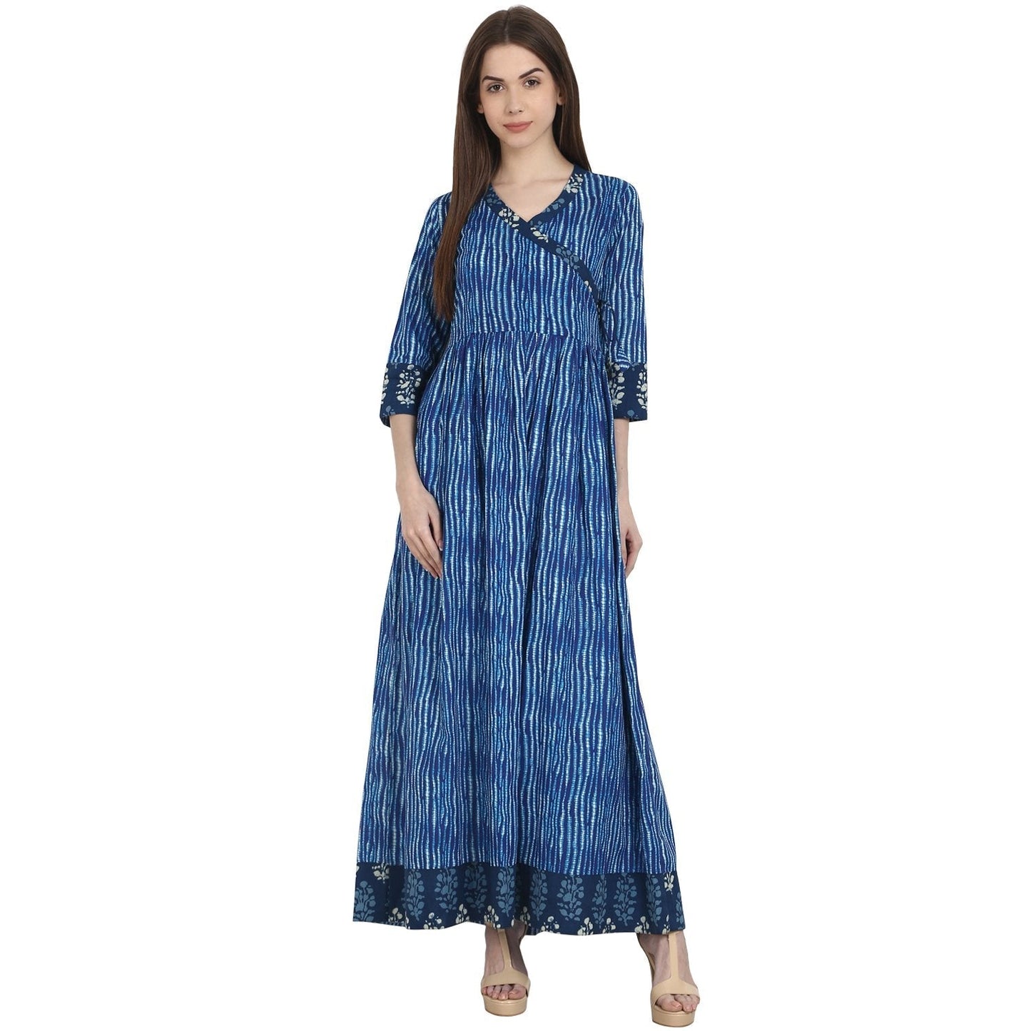 Women's Blue Printed 3/4 Sleeve Cotton Anghrakha Kurta