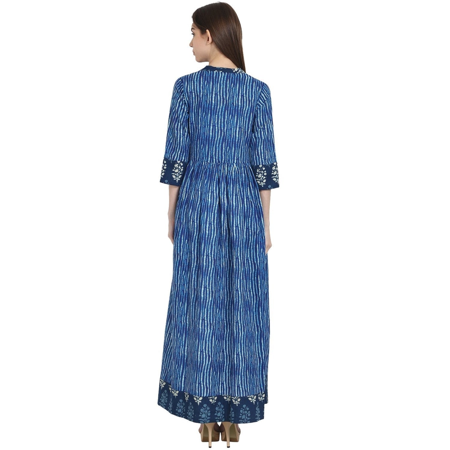 Women's Blue Printed 3/4 Sleeve Cotton Anghrakha Kurta