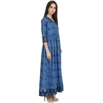 Women's Blue Printed 3/4 Sleeve Cotton Anghrakha Kurta