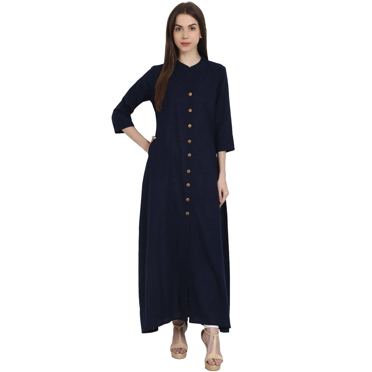 Women's Navy Blue 3/4 Sleeve Front Open Cotton Slub A-Line Kurta