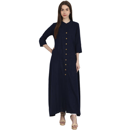 Women's Navy Blue 3/4 Sleeve Front Open Cotton Slub A-Line Kurta