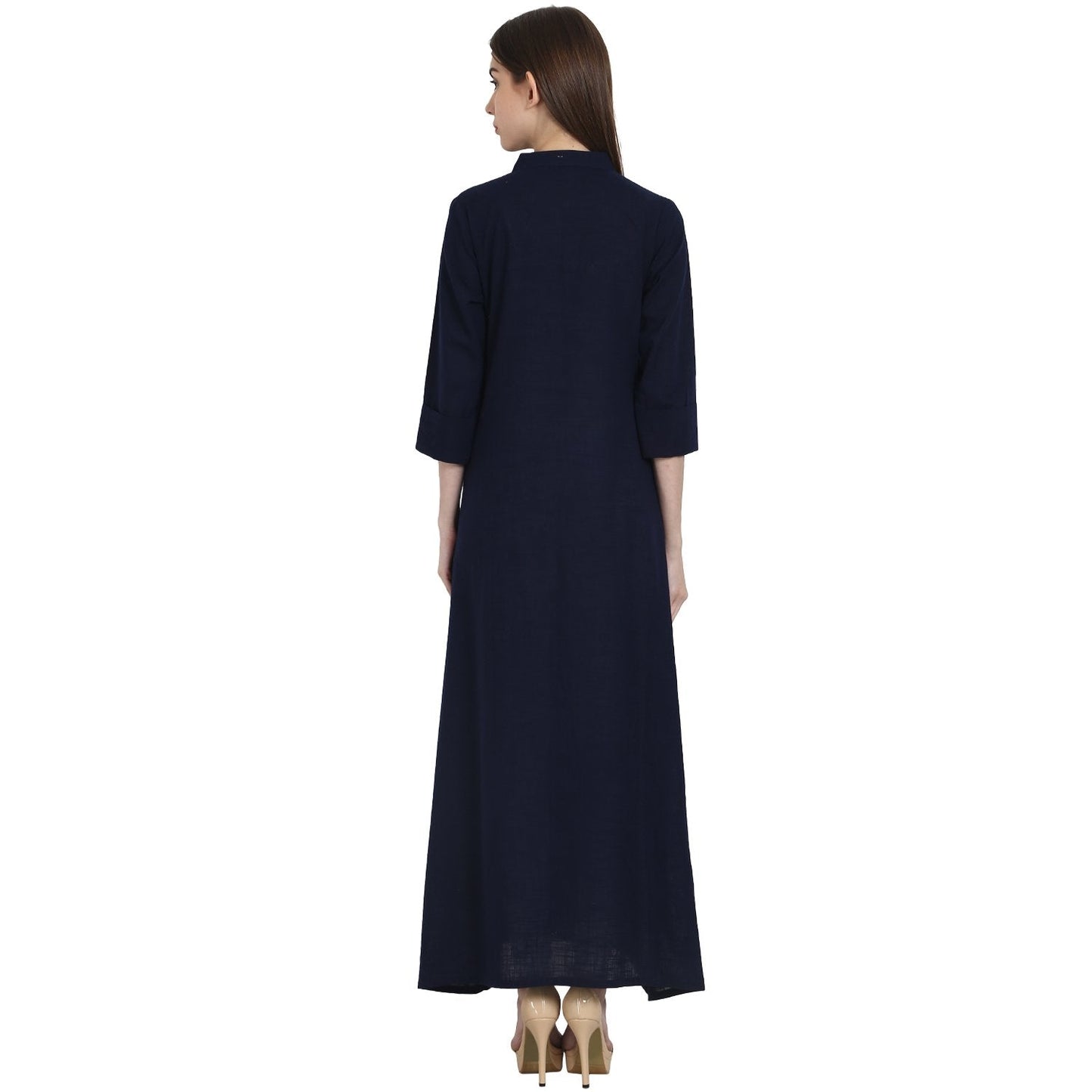 Women's Navy Blue 3/4 Sleeve Front Open Cotton Slub A-Line Kurta