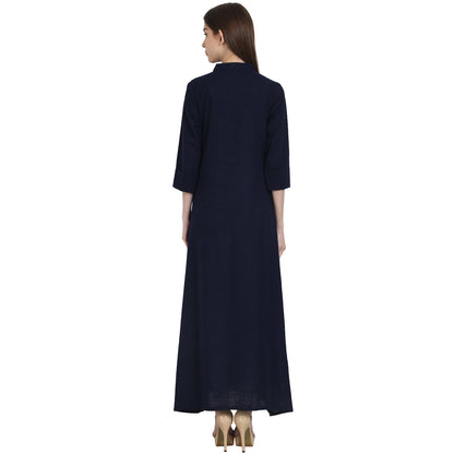 Women's Navy Blue 3/4 Sleeve Front Open Cotton Slub A-Line Kurta