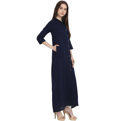 Women's Navy Blue 3/4 Sleeve Front Open Cotton Slub A-Line Kurta