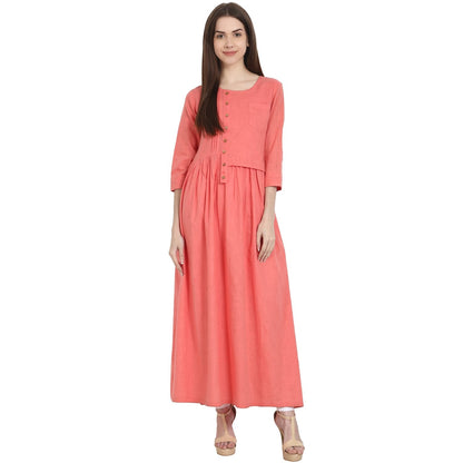 Women's Peach 3/4 Sleeve Cotton Slub A-Line Kurta