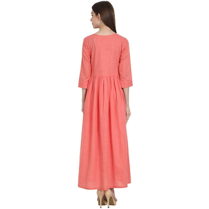 Women's Peach 3/4 Sleeve Cotton Slub A-Line Kurta